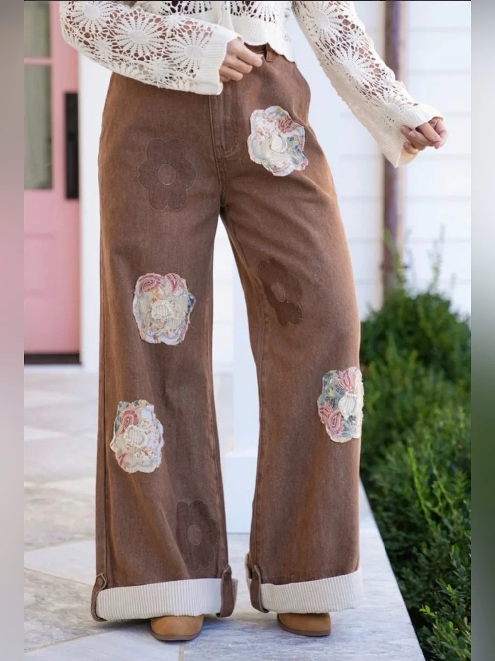 POL Boho Choco Wide-Leg Floral Patch Pants - Picture 2 of 4